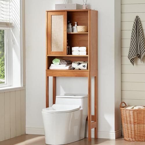 LEYAOYAO Over The Toilet Storage Cabinet with Rattan Sliding Door, 68" Tall Wood Above Toilet Bathroom Organizer w/Adjustable Shelf & Curved Profile, Space Saver Freestanding Washer Shelf - Thumbnail 5
