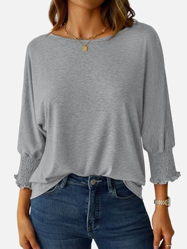 NORACORA Women's 2025 Fashion Tops 3/4 Sleeve T-Shirts Smocked Cuffs Cute Dressy Casual Crewneck Basic Business Tees Blouses Gray XL - Thumbnail 2