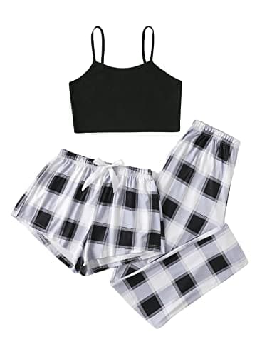 GORGLITTER Women's 3 Piece Plaid Pajamas Pants Set Cami Top with Shorts Loungewear Sleepwear Black White and Grey Medium - Image 1