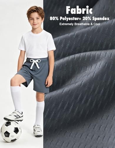 Cozople Boys Sports Shorts Stretchy Lightweight Breathable Mesh Athletic Shorts with Pockets for Summer Camp Basketball Daily Play Grey Stain-Resistant - Thumbnail 4