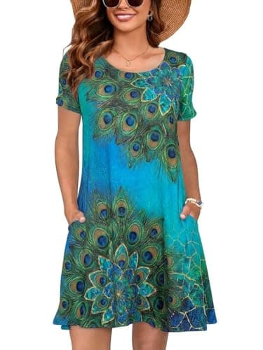 Heymoments Women Short Sleeve Dress Floral Print X-Large Plus Size Crewneck Casual Flowy Below Knee Length Sundress Comfortable Shirt Work Summer Vacation Cheap Dresses with Pockets - Image 1