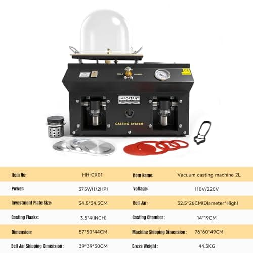 Professional Vacuum Casting Machine 2L, 375W Dual Voltage 110V/220V, Investment Casting System with 34.5cm Plate, Bell Jar, Gaskets for Jewelry Making, Metal Artwork, HH-CX01 - Thumbnail 5