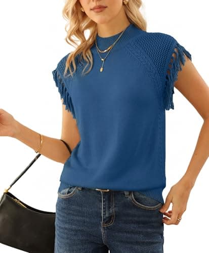 AceNest Sleeveless Fringe Vest Ribbed Bohemian Tops Cute Womens Sleeveless Tops Summer Trendy Blue M