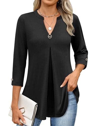 ANRABESS Womens Tops Business Dressy Casual Blouses 3/4 Length Sleeve Shirts 2026 Fall Work Tunic Tee TShirts Office Outfits Black Small