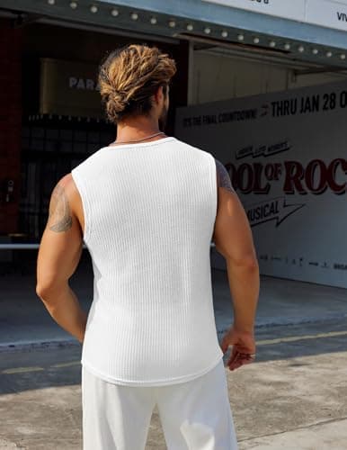 COOFANDY White Waffle Sleeveless Shirts for Men Summer Knitted Tank Top Lightweight Soft Tank Round Neck XL - Thumbnail 4