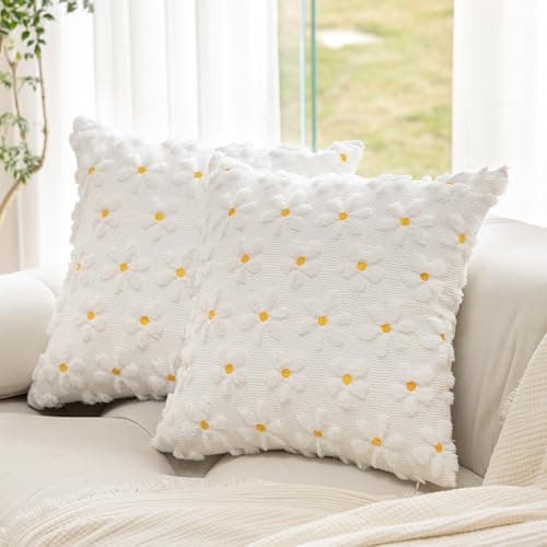KIDHABE Spring Summer Pillow Covers 18x18 inch, Set of 2 Soft Faux Fur Jacquard Cream White Daisy Throw Pillow Cases for Sofa Couch Holiday Spring Home Decor - Image 1