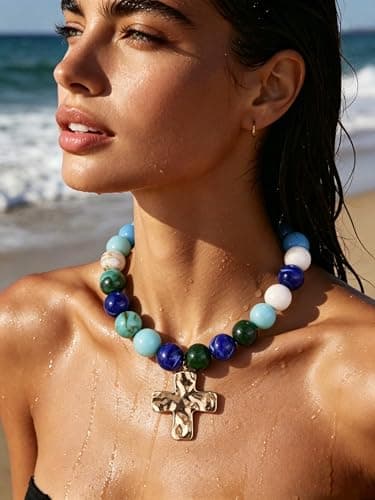 ANGLEQUEEN Chunky Beaded Necklace for Women, Gold Cross Large Colorful Resin Boho Statement Necklace, Summer Beach Daily Dress Jewelry (Cross-B) - Thumbnail 2