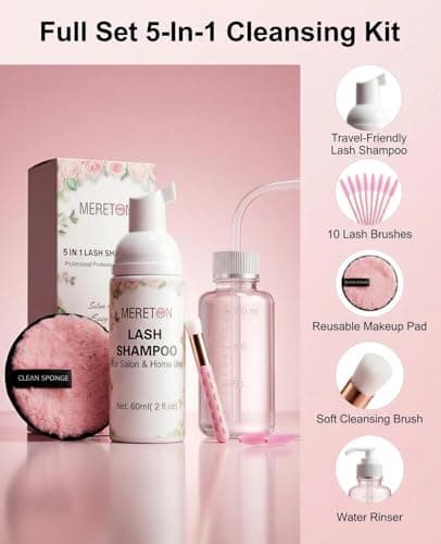 MERETON Lash Shampoo Kit for Lash Extensions, Eyelash Extension Cleanser Lash Cleaner Lash Cleaning Kit for Cluster Lashes Lash Bath with Makeup Pad+ Brush+Rinse Bottle, Oil Free Foam - Thumbnail 2