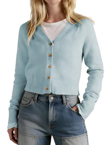 Vimida Women's V Neck Slim Fit Cardigans Button Down Long Sleeve Short Sweater Casual Comfort for Office Lounge(ue-XL) Blue - Image 1