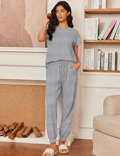 Ekouaer Womens Pajama Sets 100% Cotton Pajamas Short Sleeve Pj Top With Jogger Pants 2 Piece Lounge Set with Pocket Light Grey XL - Thumbnail 3