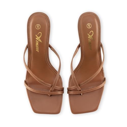 Athlefit Kitten Heels for Women Flip Flops Square Open Toe Strappy Low Heels Sexy Party Wedding Dress Thong Heeled Sandals Brown Size 8 - Thumbnail 6