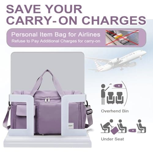 WOOMADA Foldable Travel Duffel Bag with Shoes Compartment, Overnight Bag with Wet Pocket & Trolley Sleeve, Weekender Bags for Women(A-grayish purple) - Thumbnail 4