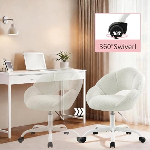 SDXYSTCE Vanity Chair Petal-Shaped Criss Cross Chair with Wheels,Upholstered Tall Office Chair with Back for Girls Women,Mid-Back Swivel Accent Chairs for Living Room Bedroom (White) - Thumbnail 6