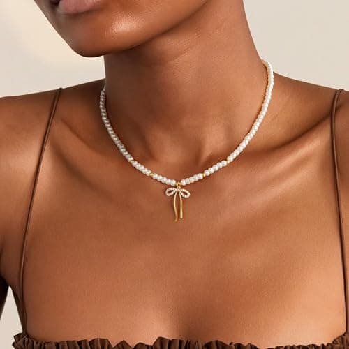 Fimhut Easter Gifts for Kids Girls Easter Basket Stuffers - Bow Necklaces Dainty 14K-Gold-Plated Cute Choker Necklace Fashion Bow Pendant Necklaces Trendy Jewelry Gift for Teenage Girl Women - Thumbnail 2