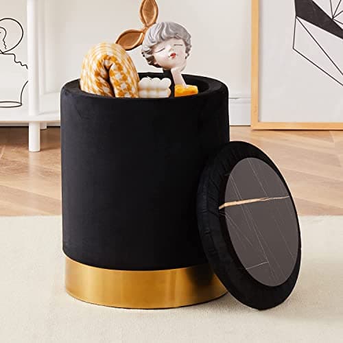 Mxfurhawa Velvet Storage Ottoman Multipurpose Footrest Stool with Metal Base Modern Round Vanity Stool Chair Ottoman Foot Stools Support 300 lbs Padded Seat for Living Room (Black (Velvet)) - Image 1