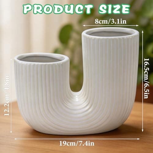 ISTOOLL U-Shaped Ceramic Vase for Table Decor, White Double mouthed Vases for Centerpiece for Living Room, Coffee Table Decor, Kitchen, and Office - Thumbnail 3