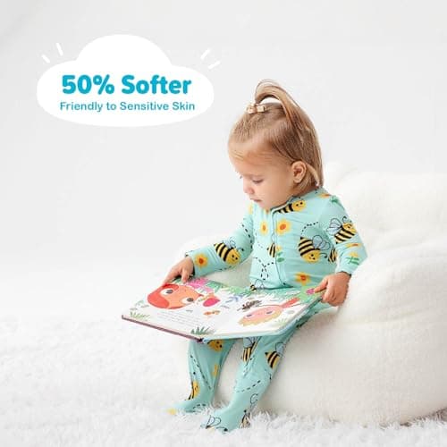 Baby One-Piece Footies Long Sleeve Rompers 2-Way Zipper, Baby Bodysuit Bamboo Clothes for Boys Girls (Bee, Newborn) - Thumbnail 2