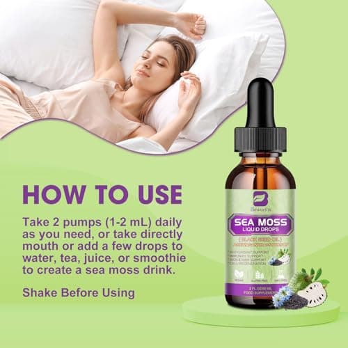 B BEWORTHS Sea Moss Liquid Drops - Irish Sea Moss & Black Seed Oil with Ashwagandha, Soursop Bitters, Elderberry, Burdock Root, Bladderwrack, Seamoss Supplement Support Antioxidant, Immune, Gut Health - Thumbnail 5