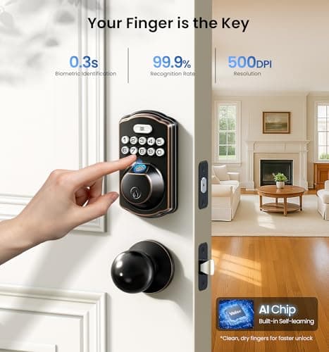 Veise Fingerprint Door Lock with 2 Knobs - Keyless Entry Door Lock with Handle, Electronic Keypad Deadbolt, Smart Front Handle Set, Auto-Locking, Waterproof, Easy Installation, Oil-Rubbed Bronze - Thumbnail 2