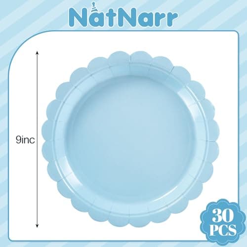 NatNarr 30 Pcs Light Blue Plates, Boy Baby Shower Decorations 9 Inch Scalloped Baby Blue Dessert Party Plate Cute Paper Plate for Easter Party, Birthday, Wedding, Bridal Shower - Thumbnail 2