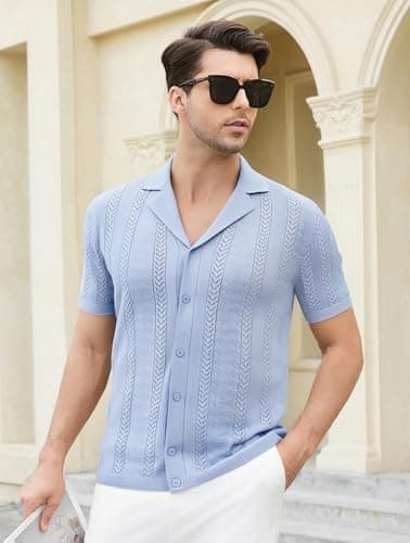 Esabel.C Men's Knit Button Down Shirts Short Sleeve Fashion Summer Casual Beach Shirts for Men,Light Blue194,XL - Thumbnail 4