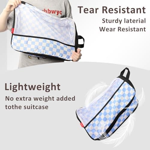 U+U 10 Set Compression Packing Cubes - Ultralight Travel Organizers with Laundry Bag and Cosmetic Bag, Space-Saving Suitcase Organizer for Travel, Business Trip and Family Vacation (Blue Checkered) - Thumbnail 5