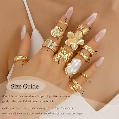 FAXHION Gold Rings for Women Non Tarnish Statement Flower Ring Set, 14K Gold Plated Stackable Open Stacking Rings, Knuckle Trendy Ring Jewelry Valentine's Day Gifts, 12PCS - Thumbnail 2