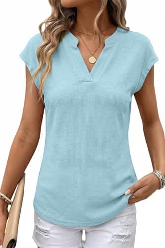 AUMORA Womens Waffle Knit V Neck Cap Sleeve T Shirts Summer Casual Solid Color Basic Tops for Women Light Blue - Image 1