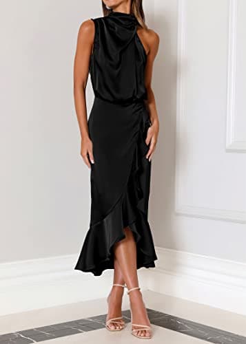 KIRUNDO Women 2026 Spring Summer Satin Mock Neck Wedding Guest Party Cocktail Midi Dress Sleeveless Wrap Ruffle Formal Dress(Black, Large) - Thumbnail 4