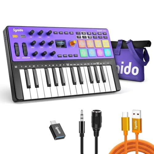 Synido Wireless 25 Keys USB MIDI Keyboard Controller Rechargeable with 8 Drum Pads, OLED Screen, MIDI In/Out/Thru, Professional BT Beat Maker Machine for Music Production, TempoKEY W25