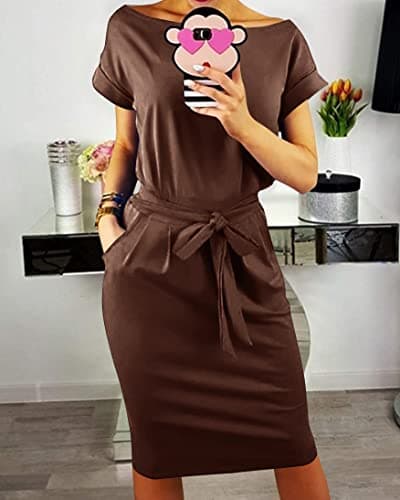 PRETTYGARDEN Women's Summer Short Sleeve Crewneck Striped Dress Basic Solid Tie Waist Office T Shirt Dresses Pockets(Coffee,Large) - Thumbnail 3