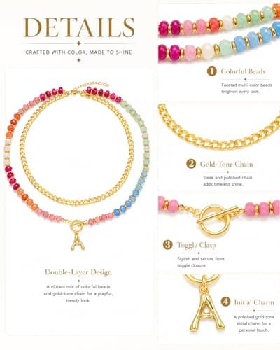 MIFYNN Colorful Beaded Necklace for Women Layered Trendy 14K Gold Plated Initial Chunky Chain Necklaces Rainbow Beads Choker Boho Summer Beach Jewelry (gold, C) - Thumbnail 4