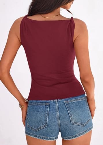 KIRUNDO Going Out Tops for Women 2026 Summer Twist Straps Asymmetrical Ruched Tank Top Slim Fit Sleeveless Shirts Y2K Clothes(Burgundy, X-Large) - Thumbnail 2
