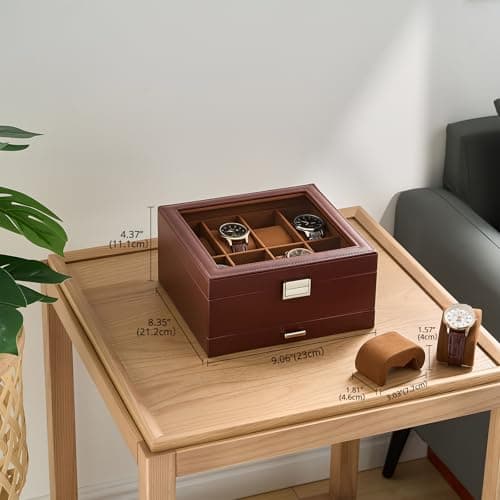 ProCase Watch Case, Fathers Day Gift for Dad, 8 Slot Mens Watch Box Holder Organizer with Glass Lid, 2-Layer Watches Display Case, Mens Jewelry Box with Drawer -8 Slot, Espresso - Thumbnail 3