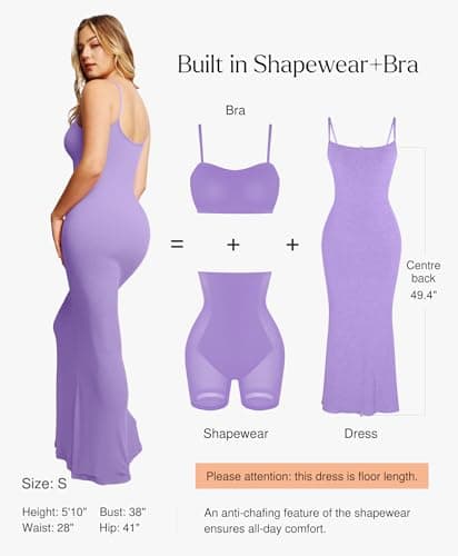 Popilush Womens Summer Purple Maxi Dress Built in Bra Shapewear Tummy Control Bodycon Spaghetti Strap Ribbed Formal Party Dresses - Thumbnail 2
