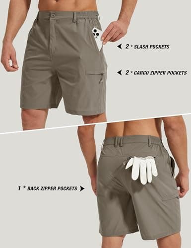 MOURCE Mens Hiking Shorts 9" - Stretch Lightweight Cargo Shorts for Men with Zipper Pockets Flat Front, Khaki - Thumbnail 4