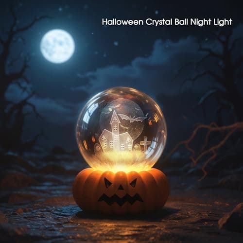 L LOHAS LED 3D Crystal Ball Night Light-Laser Engraved Haunted House Bat with Pumpkin Base,Cute & Funny Halloween Night Light for Kids, 3000K Warm White for Halloween Party Decor - Thumbnail 2