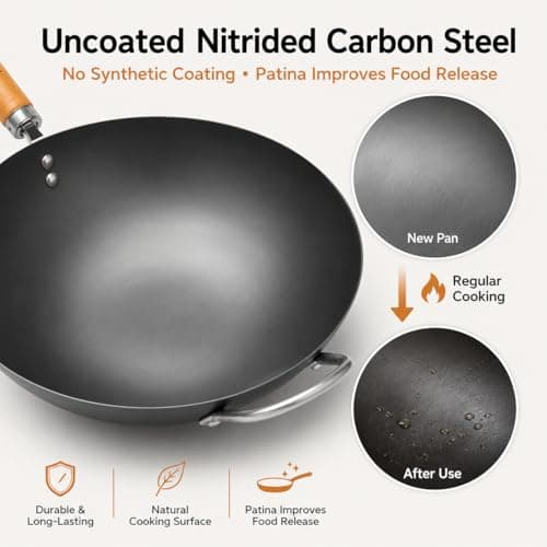 WANGYUANJI 12.6 Inch Carbon Steel Wok with Lid, Flat Bottom Wok Pan for Induction, Electric and Gas Stoves, Uncoated Chinese Stir Fry Pan with Wooden Handle - Thumbnail 6