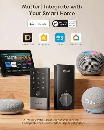 DREAME Wi-Fi Smart Door Lock for Front Door A10, Matter Over Thread, Works with Apple Home, Alexa, Google, AI Fingerprint Keyless Deadbolt Set, Geofencing Auto Unlock, BHMA Grade 2, IP65 Waterproof - Thumbnail 2