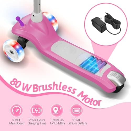 3 Wheel Electric Scooter for Kids Ages 2–8, LED Lighted Wheels, Extra Wide Anti-Slip Deck, 3 Adjustable Height Handlebars & Lean to Steer Technology, 80W Motor Scooter for Boys & Girls - Thumbnail 2