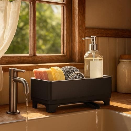 MOUKABAL Sponge Holder for Kitchen Sink – Rustproof Stainless Steel, 360° Rotating Drain Pipe, Large Counter Organizer with Drip Tray for Sponges, Brushes & Dish Cloths Black - Image 1