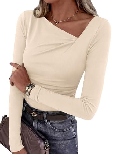 PRETTYGARDEN Women's 2026 Long Sleeve T Shirts Asymmetrical Y2K Slim Fitted Going Out Trendy Tops Early Fall Fashion Clothing (Beige,XX-Large) - Image 1