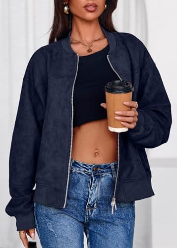Lazysmile Women's Faux Suede Bomber Jackets Fall Fashion Outfits Winter Clothes Stand Collar Zip Up Coats Outwear with Pockets - Thumbnail 3
