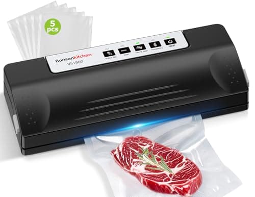 Bonsenkitchen Vacuum Sealer Machine for Food, Multi-Functional Food Sealer, Automatic Operation Mode, Commercial Grade, Compact Design, with 5 Vacuum Bags, Black-Silver