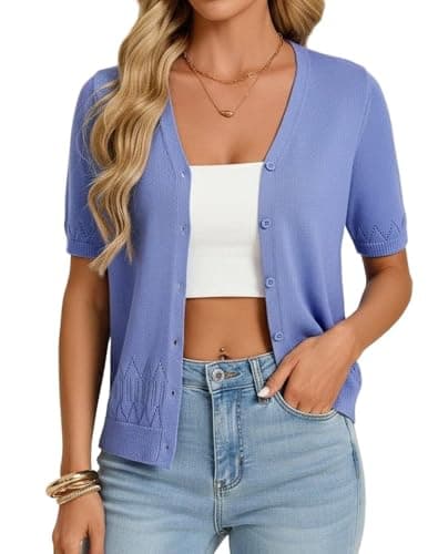 GRACE KARIN Women Spring Short Sleeve Cardigan Sweaters Dressy Casual Tops Button Down Knit Shirt 2026 Summer Outfits Blue - Image 1