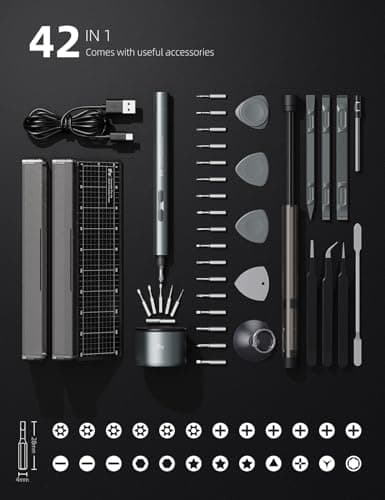 iFu Mini Electric Screwdriver, 42-in-1 Precision Screwdriver Set, Cordless, Magnetic Storage, 5/32''Hex, For Electronics Phone Camera Laptop Watch - Grey - Thumbnail 2