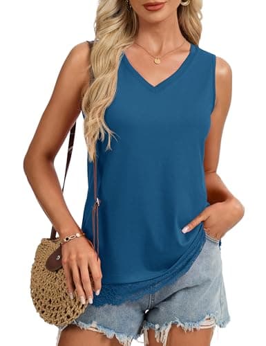 YUCOLEN Tank Tops for Women Loose Fit V Neck Flowy Tops with Lace Hem Summer Sleeveless Shirts Starry Blue L