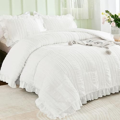 WONGS BEDDING White Queen Comforter Set,Boho Ruffle Comforter for Queen Bed,Soft Seersucker Shabby Chic Bedding Set with 1 Comforter,2 Tufted Pillowcases 90"×90" - Thumbnail 2