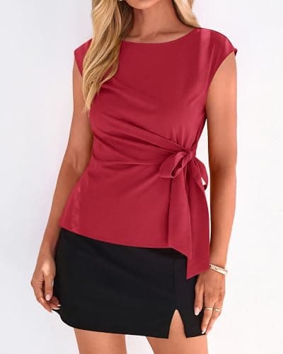 BTFBM Womens Tops Summer 2026 Cap Sleeve Crew Neck Tie Waist Blouses Dressy Casual Business Work Clothes Early Fall Fashion(Bright Red, Medium) - Thumbnail 2
