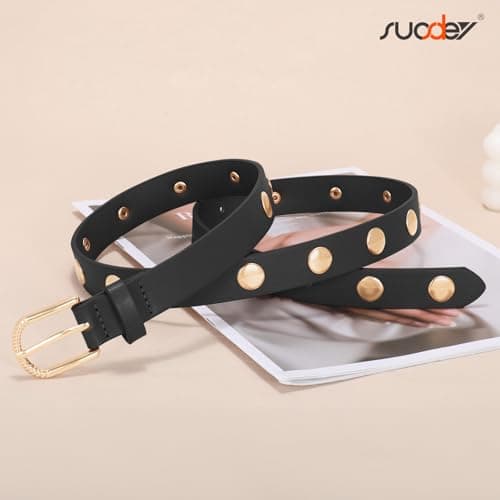 SUOSDEY Women Studded Belt Fashion Leather Belt Ladies Waist Belt Silver Gold Buckle Belt for Jeans Pants Dresses - Thumbnail 5